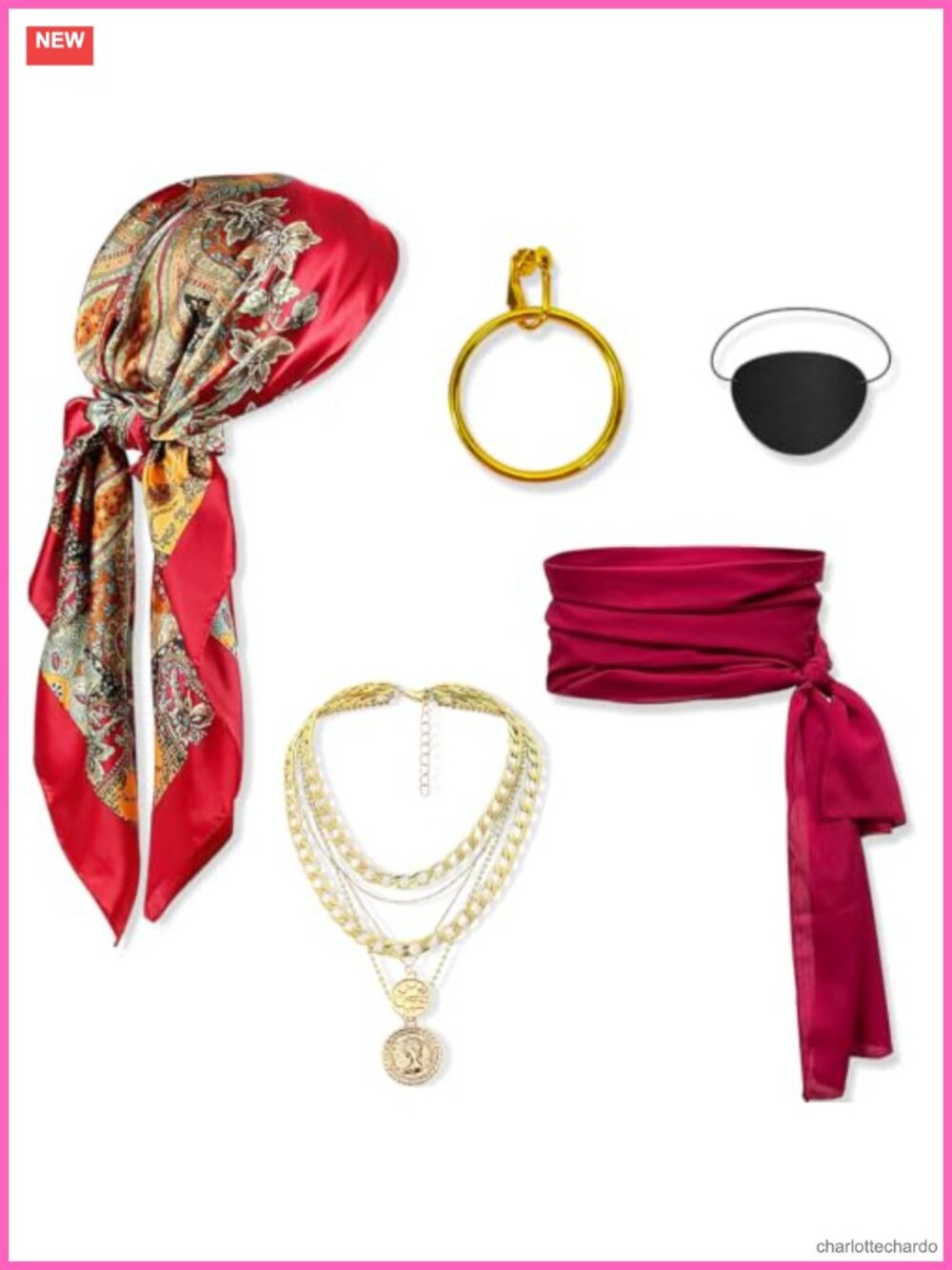 Pirate Costume Accessory Kit Headband Bandana Belt Necklace Eye Patch